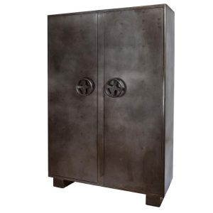 grijs zwart geheel van metaal een vaste kast, Eleonora, Kabinet Locker 2-drs. - geheel van metal vaste kast met 5 ijzeren planken en onderin handige lade in 2 delen verdeel links en rechts hetzelfde ingedeeld