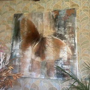 Bruin oranje olie verf schilderij vlinder, Ter Halle 100x100 cm rand: 4 cm, schilderij vlinder, prachtige diepte en glans olie verf op doek (op voorraad) v1