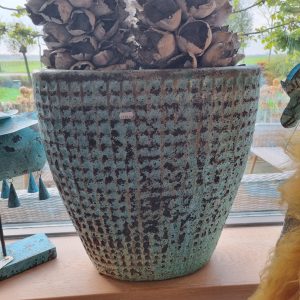 blauw groen turquoise, aardewerk, Pot en mand, PTMD geglazuurd massief groot  bloem pot plant vaas ovaal model,  Seco green ceramic ovale high, 50 hoog 48 lang en diep doorsnede  37 op breedste punt  ( op voorraad ) V1