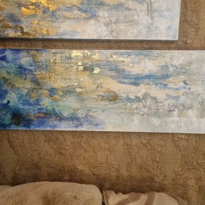 Blauw wit goud olieverf schilderij op doek, Ter Halle, 50x150cm, langwerpig, Kunnen verticaal en horizontaal opgehangen worden. Ook verkrijgbaar in een set van 2 ( op voorraad ) v 2