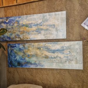 Blauw wit goud olie verf op doek uniek set van 2, Ter Halle, 50x150cm, langwerpig, Kunnen verticaal en horizontaal opgehangen worden. Ook apart verkrijgbaar ( op voorraad ) v1