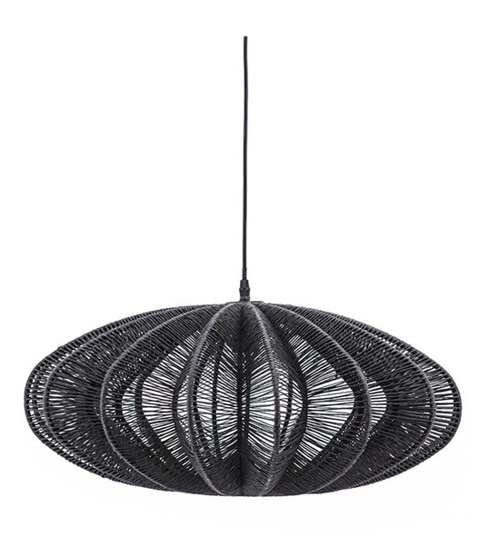By Boo, Nimbus - hanglamp/lamp zwart touw doorsnede ; 60 cm hoog : 25 cm met basis gemaakt compleet met zwart ophang koord en plafond kap/dop (op voorraad) - Metamorphosis