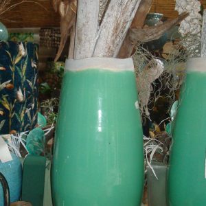 Blauw turquoise aardewerk geglazuurd, Luimes & Luimes, hoog met grijze boven rand  plant pot of bloem vaas genaamd Santos 4-2 sp. green 30x30x60 pot/vaas (op voorraad) v 2