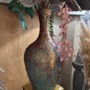 Blauw met iets goud aardewerk, Luimes & Luimes, geglazuurd met bijzondere laag Bristol 6D blue bloemen vaas 25x25x50, hals opening 10 cm (op voorraad) V1