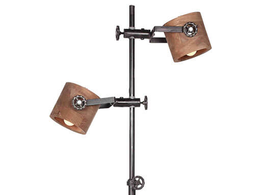 Bruin houten, Hoogendam Interiors by Mooss, kappen verstelbaar met ijzeren verstelbare voet 2238, vloerlamp 2-spot lampen beweegbaar de kappen verstelbaar in lengte, max: 160cm hoog, 30 breed, (op voorraad) V1 - Afbeelding 4