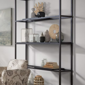 zwart mat eiken wand rek roomdivider boekenkast, Meubitrend, Etnic 1.50cm lang 181 cm hoog en 40cm diep: bestaat uit 4 grote losse planken die vast eiken hout frame liggen hier door zijn de planken te veranderen (op voorraad) V1