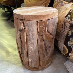 bruin houten ronde bijzet tafel  krukje nachtkastje,,Lauco,  Kendang stool, lengte:  Ø 30 cm , hoogte: 45,5 cm (op voorraad) v1