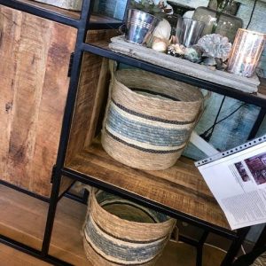 Blauw wit rotan, Lauco, SMALL ROUND BLUE BASKET YARN, rond hoogte: 20 cm, doorsnede: 25 cm, riet rotan mand bloem vaas plant pot . (op voorraad) v 1
