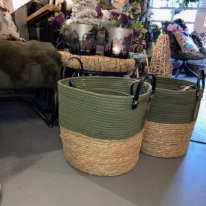 Groen rotan, Lauco,  SMALL, SET 3 BASKET D. BLUE, rond hoogte: 20 cm, doorsnede: 25 cm, mand bloem vaas plant pot . (op voorraad) V2