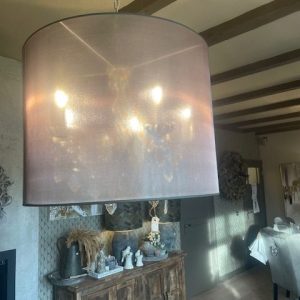 bruin organza transparant kap en eronder de kristal glas hanglamp, Light & Living, met ophang ketting en plafond kap de lampenkap gratis bij de lampen kristallen met glazen kroonluchter , hanglamp met 6 armen speciale aanbieding Hanglamp/Lamp  rond 50 doorsnede 50 cm hoog. Let op mag eventueel met gratis bruine organza kap maar 1 is er iets beschadigd (op voorraad) v2