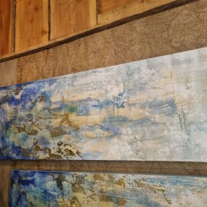 Blauw wit goud olie verf schilderij op doek uniek, Ter Halle, 50x150cm, langwerpig, Kunnen verticaal en horizontaal opgehangen worden. Ook verkrijgbaar in een set van 2 ( op voorraad ) v 1