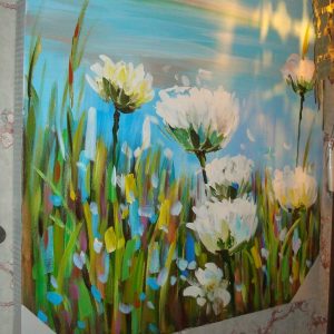 blauw ,wit olie verf op doek, Gave specials, meer kleurig verf op doek geschilderd bloemen veld doek , schilderij ,hand werk, kunstwerk ,muur decoratie, 1 m bij 1 m  (op voorraad) v1