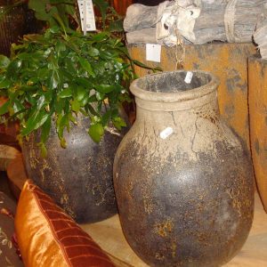zwart bruin grijs zand ronde mat aardewerk hogere plant kruik bloem vaas, Quint /Pomax,  lxhxb 40 hoof 20 breed opening 16 cm  (op voorraad) v1