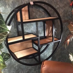 bruin hout met ijzer zwart Wandrek rond, Varios, planten keuken boeken rek 4-vaks vierkant ijzeren basis zwart met 4 houten planken de doorsnede rond 60 diepte 17 cm. incl. 2 ophang punten keurig weggewerkt ) v0