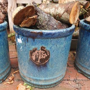blauw bruin aardewerk, Ter Steege / pot en mand PTMD, , plant pot bloem vaas  kan ook buiten gebruikt worden , geglazuurd, rond Ø24 x 25 hoog  cm. (op voorraad) V3