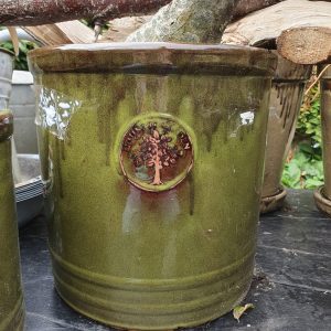 groen bruiner aardewerk, Ter Steege / pot en mand PTMD, geglazuurd  plant pot bloem vaas  kan ook buiten gebruikt worden  rond Ø31 x 31 hoog  cm. (op voorraad) V1