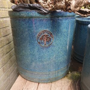 blauw bruin aardewerk, Ter Steege  pot en mand PTMD,, plant pot bloem vaas aardewerk keramiek kan ook buiten gebruikt worden , geglazuurd, rond Ø42 x 38 hoog  cm. (op voorraad) V2