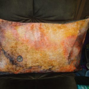 Oranje geel bruin grijs meerkleurig kussen 40x60cm langwerpig, Claudi M.M. Metamorphosis, fluweel, achterkant groen fluweel incl. binnen kussen (op voorraad) V1