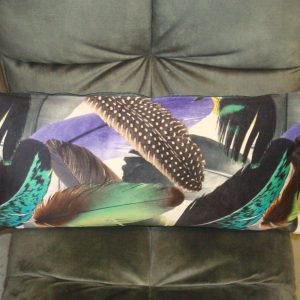 Groen paars gemêleerd kussen 30x60cm langwerpig, M.M. Metamorphosis, fluweel met veren print voor en achterzijde gelijk hand gemaakt, achterkant groen fluweel, incl. binnen kussen (op voorraad) V1