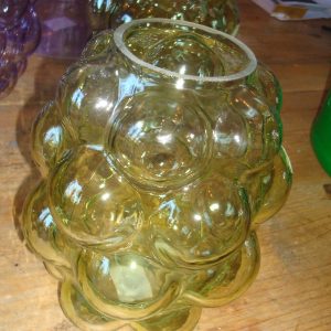 groen glas, Pot en mand PTMD / Ter Steege,, plant pot bloem vaas glas , windlicht doorzichtig met bubbels, rond Ø 15,5 x 20 hoog  cm. (op voorraad) V1