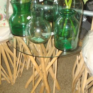bruin rond houten bijzet tafel plant tafel met los liggende glazen tafelblad, Lauco,, coffee table glass, lengte: 50 cm x breedte: 50 cm x hoogte: 52 cm (op voorraad) V1