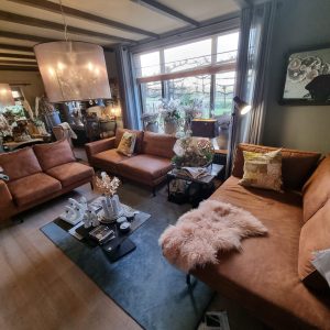 Bruin cognac, geruwd leer Essenza 5, geïmpregneerd, elementenbank hoek bank met lounge element  deel: 1 m diep links 2.40 m lang, midden 2.70 m lang en rechts diep lounge deel 1.20 m en deze is 1.90 lang, model Alphonse van Brik group, zwarte ijzeren Texas poot ( op voorraad ) v1 g