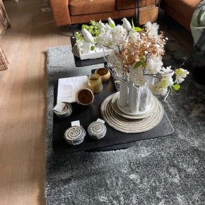 blauw, groen, vloerkleed zacht en glans 100 % polyester Karpi, Lago mix  kleur 31, carpet 2.00m bij 2.00 m ( op voorraad ) V1