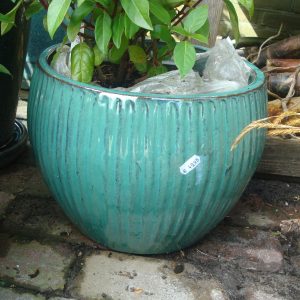 blauw turquoise aardewerkTer Steege / pot en mand PTMD,, geglazuurd plant pot bloem vaas kan binnen en buiten gebruikt worden, rond Ø33 x 25cm hoog. (op voorraad) V1