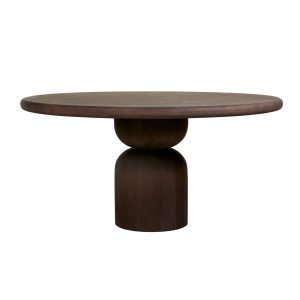 Bruin houten eettafel rond met organische vorm poot, Keijser & Co ,  Beads, diameter 160 cm en hoogte 78 cm . De Beads is verkrijgbaar in diverse afmetingen en afwerkingen V0