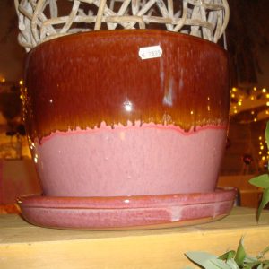 Roze bruin, Ter Steege / pot en mand PTMD, overloop tinten, plant pot bloem vaas aardewerk keramiek kan ook buiten gebruikt worden met vaste schotel eronder , geglazuurd, rond Ø29 x 22 hoog  cm. (op voorraad) V1
