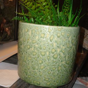 Groen aarderwerk,Ter Steege,  overloop tinten , plant pot bloem vaas met pootjes, geglazuurd, rond Ø 16.5 x 17 hoog  cm. (op voorraad) v3