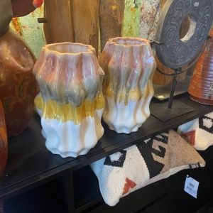 Roze groen geel wit gemêleerd, Kersten B.V, plant pot / bloem vaas, geglazuurd Aardewerk handwerk, 17 x 18 x 31,2 cm. (op voorraad) v1