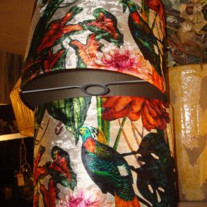 Groen oranje crème gemêleerd fluweel cilinder lampenkap, light & Living,  met vogels en planten, Dahlia groen, voor op lampen voet, L30-H21-B30 (op voorraad) V2