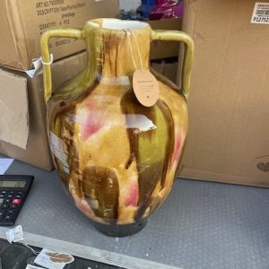 geel oker groen roze tinten aardewerk geglazuurd plant pot bloem vaas met oren, Ter Steege, rond Ø25 x 42 hoog cm. hals 9 cm en voet 12 cm  (op voorraad) V2