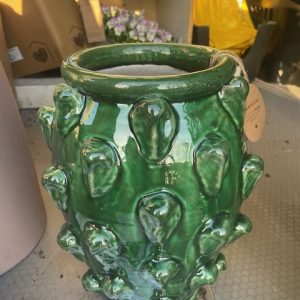 groen aardewerk geglazuurd plant pot bloem kruiken vaas met opdruk, Ter Steege, rond Ø23 x 30 hoog  cm. (op voorraad) V2