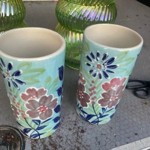 blauw roze  aqua groen met bloemen aardewerk geglazuurd plant pot bloem vaas, Ter Steege, rond Ø10 x 20 hoog  cm. (op voorraad) V2