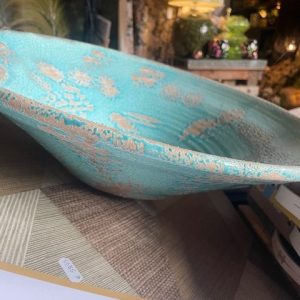 Blauw turquoise aardewerk geglazuurd ronde fruit bloem schaal plant pot, GREECE, Luimes&Luimes, doorsnede 50 x  15 hoog cm  (op voorraad) v1