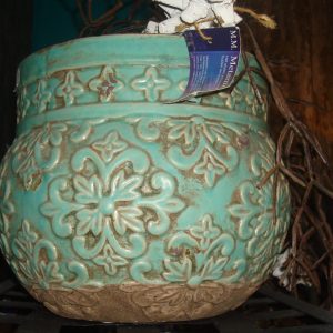 Blauw turquoise met bloemen patroon aardewerk geglazuurd plant pot bloem vaas, Luimes & Luimes, 25 cm hoog x 30 cm doorsnede (op voorraad ) V2