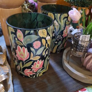 groen roze glas plant pot bloem vaas met roze bloemen, vaas / pot / windlicht rond Ø 18 x 24 hoog cm. Ter Steege (op voorraad) V2