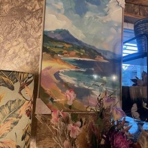 blauw zand groen gemeleerd, verf op doek, schilderij geschilderd landschap strand en bergen, lengte 5cm x breedte 60 cm x hoogte 90 cm, Art collection international, hand werk, kunstwerk , muur decoratie, (op voorraad) v1