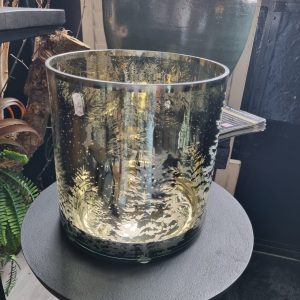 transparant glas met overloop naar zwart met zilver opdruk  pot bloem vaas met dennenbomen, vaas / pot / windlicht rond Ø 25 x 25 hoog cm. Ter Steege (op voorraad) V2