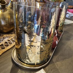transparant met overloop van zilver goud en zwart glas met  opdruk plant pot bloem vaas met dennenbomen, vaas / pot / windlicht rond Ø 18 x 25 hoog cm. Ter Steege (op voorraad) V2