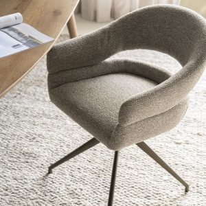 Taupe, stof Eira, bureau/eetkamer stoel, breedte: 58 cm, diepte: 60 cm, zithoogte: 49,5 cm, armhoogte: 67 cm, totaalhoogte: 80.5 cm, Eleonora model Hailey met een brons metaal draaiend onderstel, incl. korting  ( op Voorraad ) V1