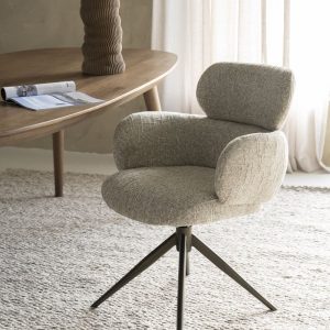 Beige, stof Gleam, bureau/eetkamer stoel, breedte: 62 cm, diepte: 65,5 cm, zithoogte: 50,5 cm, armhoogte: 68 cm, totaalhoogte: 87 cm, Eleonora model Darcio met een brons metaal draaiend onderstel, incl. korting  ( op Voorraad ) V1