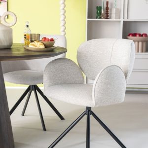 Beige, stof Moon, bureau/eetkamer stoel, breedte: 60.5 cm, diepte: 61 cm, zithoogte: 50 cm, armhoogte: 69 cm, totaalhoogte: 83.5 cm, Eleonora model Rosalin met een zwart metaal draaiend onderstel, incl. korting  ( op Voorraad ) V1