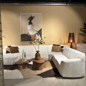 Beige, fluwelen stof met vleug, stof Panda Deluxe-Ivoor, lengte: 410cm en 325cm diep, 4 elementen bank met vaste kussens, model Ovie van Sevn incl. 15% korting V0 g