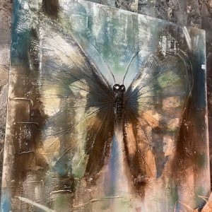 Blauw groen olie verf schilderij vlinder, Ter Halle 100x100 cm rand: 4 cm, schilderij vlinder, prachtige diepte en glans olie verf op doek (op voorraad) v1