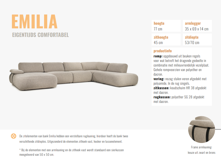 Beige, grijze, linnen, stof Cayenne-Shell, lengte: 305cm en 107cm diep, 3 elementen bank met vaste kussens,  model Emilia van Sevn  incl. 15% korting  V0 g - Afbeelding 3