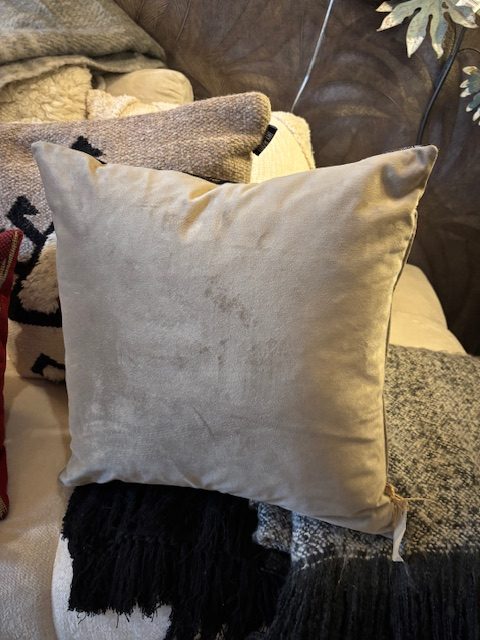 Beige bruin taupe kussen 45x45cm vierkant, Silvera, fluweel bladeren achterkant beige, incl. binnen kussen (op voorraad) V1 - Afbeelding 2