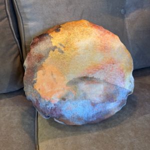 Oranje geel bruin grijs meerkleurig kussen 30x30cm rond, Claudi M.M. Metamorphosis, fluweel, achterkant groen/blauw, incl. binnen kussen (op voorraad) V1